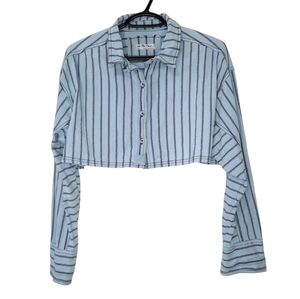 We The Free Free People Button Down Crop Top Blue Stripe Womens Size S Cotton